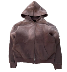 Custom Streetwear Hoodie No <b>String</b> Fleece Blank Zip up Vintage Double Layer Acid Wash Sun Faded Distressed Hoodies for Men - Product Image 2