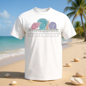 T-shirt con grafica conchiglie di Sanibel Island, abbigliamento promozionale a tema spiaggia - Product Image 3