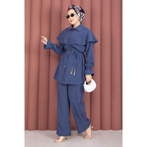 Ensemble Tunique et Pantalon en Crêpe Boutonné Style Cape Bleu Marine, Motif Uni Tricoté, Taille Unique (XS) pour Printemps/Été Automne - Product Image 4