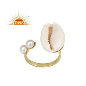 แหวนชุบทอง18K เปลือกหอยมุกคู่ดีไซน์ทำด้วยมือผู้ผลิตเครื่องประดับแบบปรับได้ - Product Image 1