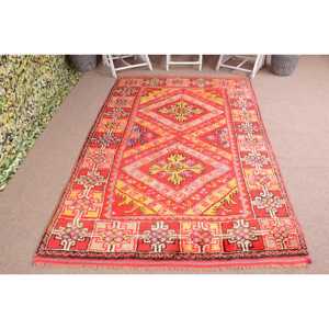 5.9x9.2 ft Turkish Rug, <b>Red</b> Bordered Vintage Rug <b>Wool</b> - Product Image 1