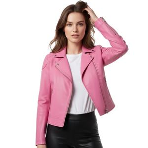 Chaqueta de Motociclista de Cuero Rosa Mate para Mujer, Personalizada, al por Mayor, Precio de Fábrica, Estilo Motero Genuino, Ropa de Moda Femenina, Chaqueta OEM - Product Image 1