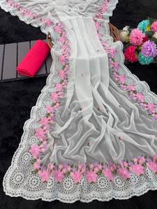 Bollywood Style coupe bordure travail longue longueur pré drapé doux Georgette tissu Un point Saree Blouse pour vêtements pour femmes - Product Image 6