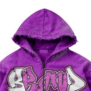 Sweat-shirt surdimensionné en coton épais personnalisé pour l'hiver, lavage à l'acide, impression numérique, broderie sur les manches, strass, effet délavé, service OEM - Product Image 4