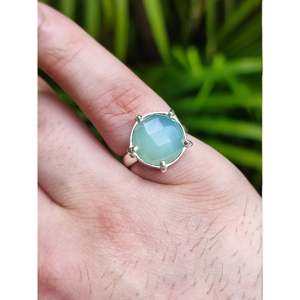 Bague pour femme en argent sterling 925, faite à la main, avec chalcédoine aqua naturelle, style bohème, plaquée rhodium, pièce de collection, cadeau - Product Image 1