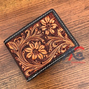 Nuevo cuero mecanizado hecho a mano Vintage Western Real cuero genuino Floral girasol diseño Bifold Slim Card monedero carteras para hombres - Product Image 1
