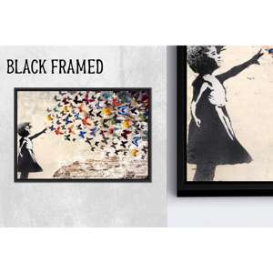 Impression sur toile moderne de Banksy Girl : décoration artistique élégante avec papillons, toile encadrée noire 1P - Product Image 1
