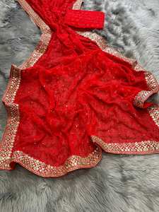 Saree de mariage en tissu georgette avec broderie travail et chemisier pièce saris en soie georgette pure pour les femmes - Product Image 4