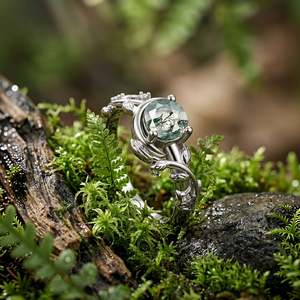 Jeulia Moon & Star Bypass Moss Agate Emerald Cut Engagement <b>Ring</b> - Product Image 4