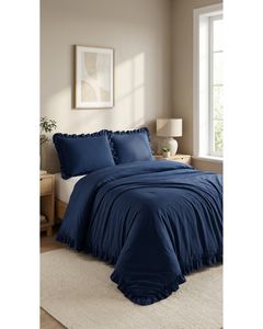 Parure de lit 4 pièces bleu marine unie en polycoton rafraîchissant, style européen-américain, 200 fils, respirante, avec housse de couette, drap-housse et taies d'oreiller - Product Image 4