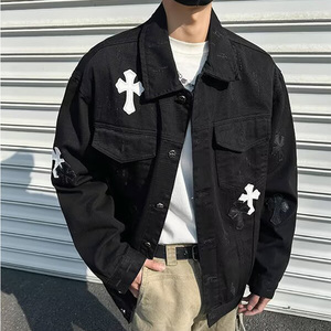 Veste décontractée ample pour homme en denim rétro américain avec appliques, coupe-vent, style hip-hop, automne - Product Image 4