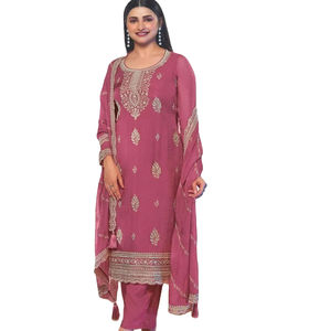 ชุดส่าหรีสามชิ้นผ้าไหมวิสโคสจอร์เจียต์ปักลายหลากสีแบบใหม่ พร้อมผ้าคลุมไหล่เข้าชุดสำหรับเจ้าสาว - Product Image 1