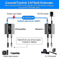Penambah Jangkauan Audio Digital 500M, Optik/Koaksial/Konverter Melalui Satu Cat5e/6 Kabel (PoC)