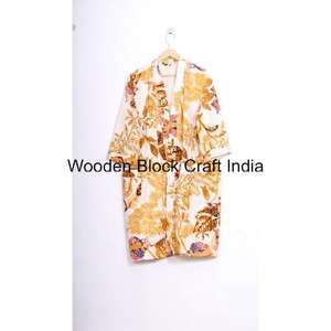 Magnifique robe kimono décontractée pour femmes en coton pur fait main, matelassée Kantha, longue, pour l'hiver et l'automne, broderie florale multicolore, ceinture - Product Image 1