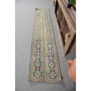 Vintage Turkish Wool Area Rug 1.8 X 8.6ft Boho Style Rectangle Patchwork Design 10mm Thick Latex Backing for Bedroom Living Room - Product Image 1