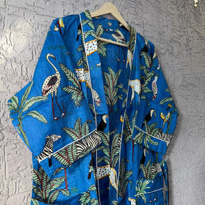 Kimono unisex de algodón azul de lujo con Estampado de jungla, albornoz bohemio indio para mujer, ropa de dormir transpirable para verano Otoño Invierno - Product Image 1