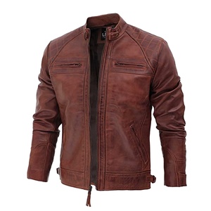 Chaqueta de Cuero Marrón Vintage para Hombre, Estilo Biker, Corte Ajustado, Diseño Cafe Racer, Cierre de Cremallera Frontal, Acabado Lavado - Product Image 1