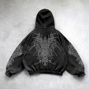 Sweat à capuche zippé en coton délavé de haute qualité, imprimé, pour homme, en molleton français, avec des accessoires métalliques, sweat à capuche hip-hop - Product Image 4