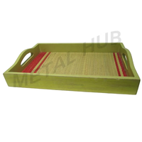 Plateau de service rectangulaire élégant en bois de manguier fait main avec tapis en paille métallique pour la maison, la cuisine et les cadeaux