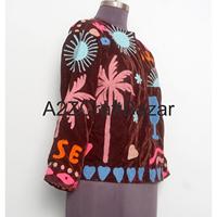 Chaqueta de Terciopelo con Bordado Suzani para Mujer, Diseño Floral, Tejido Transpirable para Otoño, Invierno y Primavera, Decoración con Logotipo