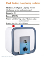 Calentador de Agua Eléctrico de 8L para Debajo del Fregadero, 1500W, Calentamiento Rápido, Carcasa de Plástico, Uso Doméstico, Compatible con OEM, ODM, CKD