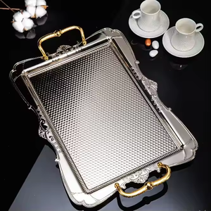 Plateau de service artisanal en métal plaqué argent avec poignée et bordure en relief, écologique pour la maison, le restaurant, l'hôtel, le ramadan, les mariages - Product Image 5