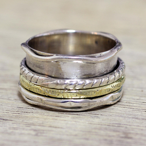 Handcrafted Sterling Silver Brass Indian Spinner <b>Ring</b> 'Spinning Grace' with Diamond Topaz for Wedding or Party AAAAA Quality - Product Image 2