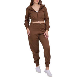 Classique femmes solide survêtement deux pièces ensemble à manches longues à capuche et pantalon de Jogging 100% coton vêtements de sport fabricant en gros - Product Image 3