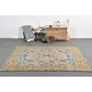 Classique Bleu Beige Vintage Tapis Turc 5.6X9.2 pieds À La Main Patchwork Conception Laine Bambou Soie Latex Salon Couloir Rectangle - Product Image 1