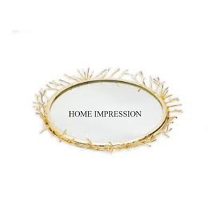 Bandeja de espejo de forma redonda con marco de metal chapado en oro de aspecto precioso de diseño elegante de fabricante indio - Product Image 2