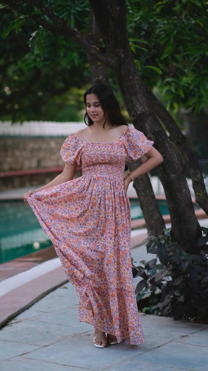 Women's A-Line Pink Midi/Calf Length Dress with Floral Print Square Collar Modest & Cute Style Short Sleeves