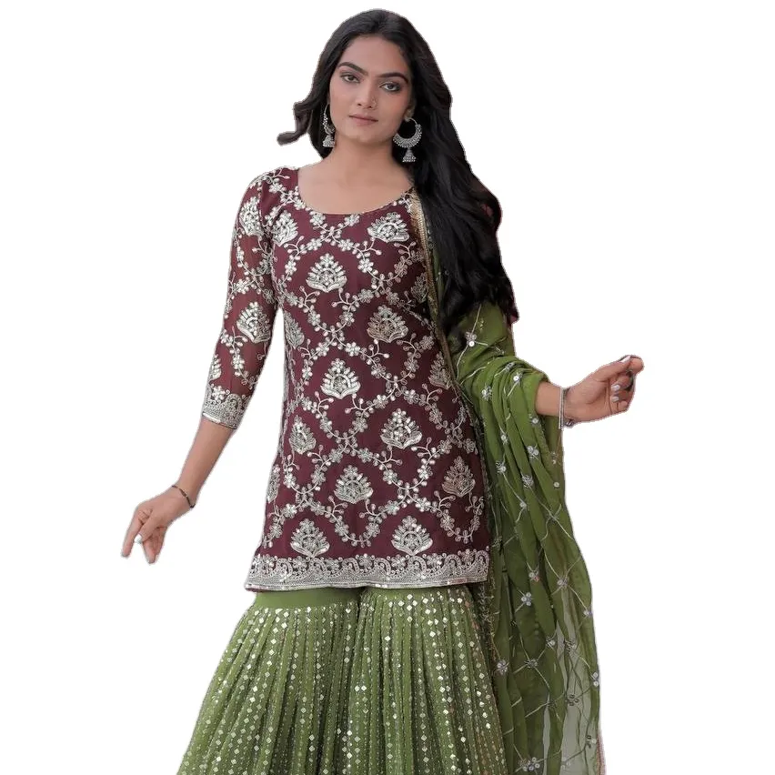 Niedriger Preis Verschiedene Arten von Kurtis und schöne bestickte Unterteile Indische Mädchen Kleid Materialien für Hochzeit und Empfang