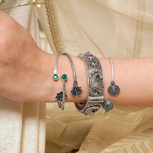 Handcrafted Oxidized Silver Bracelet & <b>Kada</b> Set with Green Stone Accents Intricately Carved Ethnic Tribal Cuff Bangles - Product Image 1