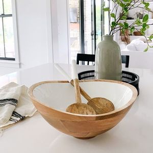 Designer 12-Inch <b>Wooden</b> Salad Bowls Large Decorative Food-Safe Bowls for Serving Stocked Dinnerware <b>Sets</b> for Mother's Day Gifts - Product Image 3