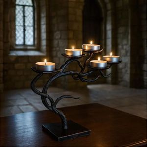 Porte-bougie moderne en fer forgé en forme d'arbre à cinq branches, candélabre pour centre de table de mariage, décoration gothique pour la maison, bougeoir en métal - Product Image 1