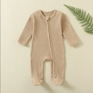 Barboteuses pour bébé en coton tricoté gaufré en polyester avec fermeture éclair Onesie manches longues anti-dérapant vêtements de bébé-bouton pression doux et respirant - Product Image 3