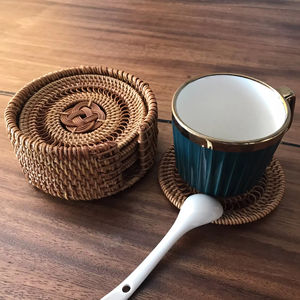 Posavasos de mimbre y bambú hechos a mano para bebidas posavasos bohemios de mimbre posavasos tejidos para bebidas juego de 6 con soporte hecho en Vietnam - Product Image 6
