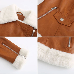 Custom Women's Brown Shearling Leather <b>Jacket</b> Faux Fur Lined Winter <b>Warm</b> Biker Coat Asymmetrical Zipper Casual Outerwear - Product Image 4
