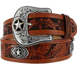 Ceinture occidentale en cuir sculptée à la main avec boucle en laiton lourd et design floral coutures solides et durables à l'approvisionnement d'usine - Product Image 6