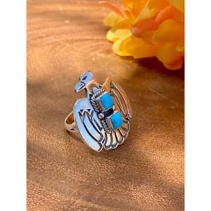Navajo-Crafted Pear Shaped Sleeping Beauty Turquoise Sterling <b>Silver</b> Thunderbird <b>Ring</b> Bezel Set <b>Opal</b> Size 7.25 for Everyday Wear - Product Image 3