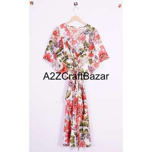 Caftán para Mujer, Algodón Indio, Estampado Floral a Mano, Maxi Largo, para Playa, Ropa de Dormir, Kimono, Cuello en V, Cinturón, Lavable, Diseño Y2K - Product Image 1