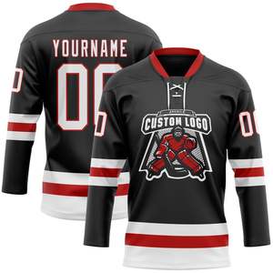 Équipe sportive personnalisée noire Logo sur mesure Sublimation imprimé/brodé maillot de hockey sur glace à col en dentelle personnalisé 100% Polyester - Product Image 2