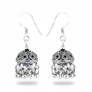 Boucles d'oreilles pendantes Jhumka vintage pour femme en argent 925 plaqué or, motif fleur et étoile, avec perle et diamant comme pierre principale, pour mariage - Product Image 1