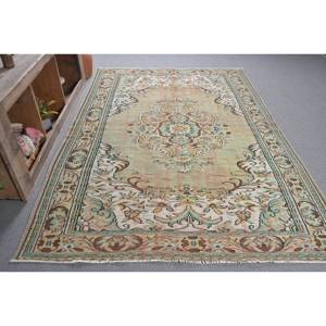 พรมตุรกีโบราณคลาสสิกขนแกะสีเบจสีเขียว5.7 X 9.3ft สี่เหลี่ยมผืนใหญ่งานปะต่อแบบแอบสแตรกสำหรับห้องโถงห้องพรมลาเท็กซ์ - Product Image 3