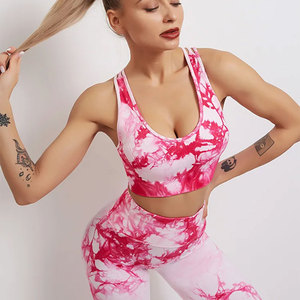 <b>Pink</b> Tie Dye Yoga Set Womens 2 Piece High Waist Leggings <b>Crop</b> <b>Top</b> Racerback Scoop Neck Breathable Spandex Polyester Workout Wear - Product Image 5