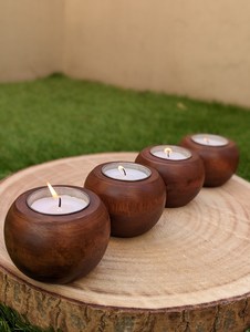 Handmade Natural Acacia Wood Color <b>Candlestick</b> Holder Price's Polished Wooden Candle Stand Christmas <b>Glass</b> Material Candleholder - Product Image 4