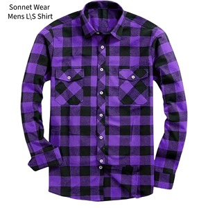 Mens Purple Black Plaid Long Sleeve <b>Flannel</b> Shirt Casual Turn-down Collar Full Sleeve Autumn Wear - Product Image 1