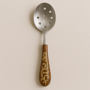 Cuchara ranurada con mango de resina de remolino azul, espumadera de cocina de acero inoxidable con espejo moderno, cuchara coladora elegante, utensilios para servir - Product Image 2