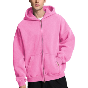 Sweat à capuche zippé en coton molletonné épais pour hommes Double fermeture éclair avec lavage à l'acide surdimensionné pour les sweats à capuche d'hiver à épaules tombantes - Product Image 1