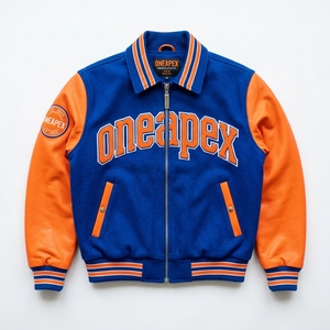 Chaqueta de lana azul real y naranja para hombre con cremallera, logotipo bordado personalizado, cuello y puños de punto acanalado, estilo urbano, fabricante mayorista - Product Image 1
